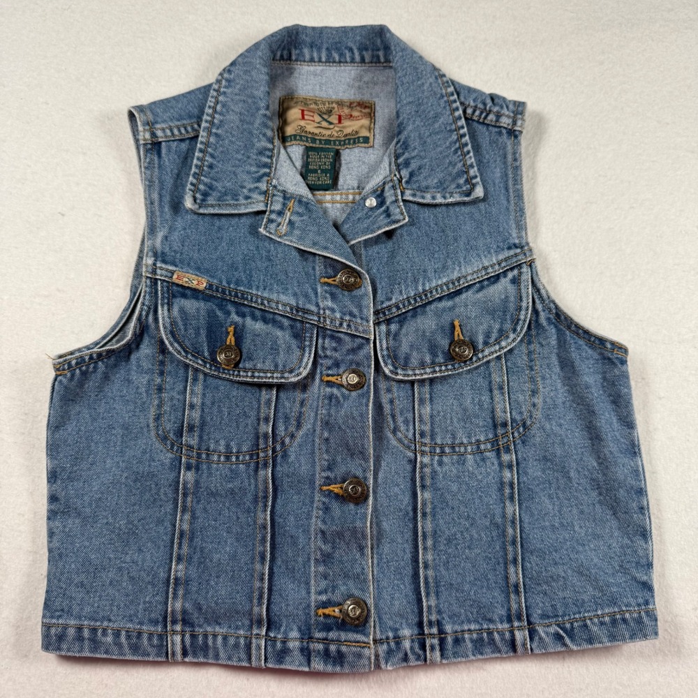 Vtg 90s Jeans by Express Denim Vest Small Medium Wash Cotton Cropped Jean Vest